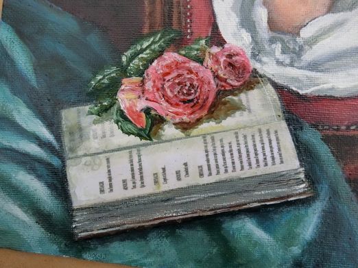Detail of book and roses in "Lady at rest"